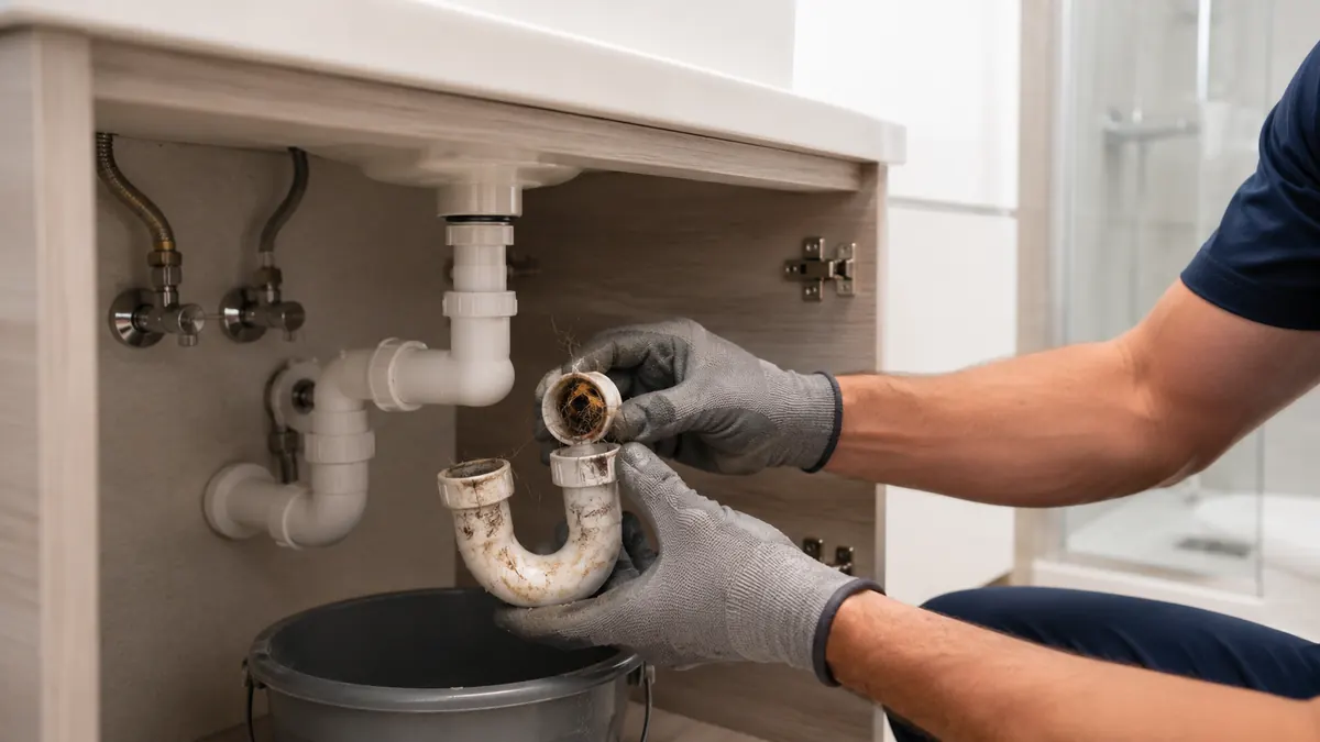 Mains gantées démontant un siphon de lavabo encrassé de résidus au-dessus d’un seau, dans une salle de bain à Arcueil