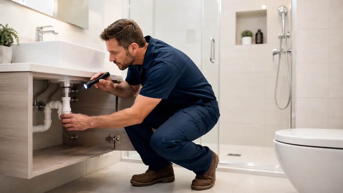 Plombier inspectant à la lampe torche le siphon sous le lavabo d’une salle de bain pour rechercher une odeur d’égout à Arcueil